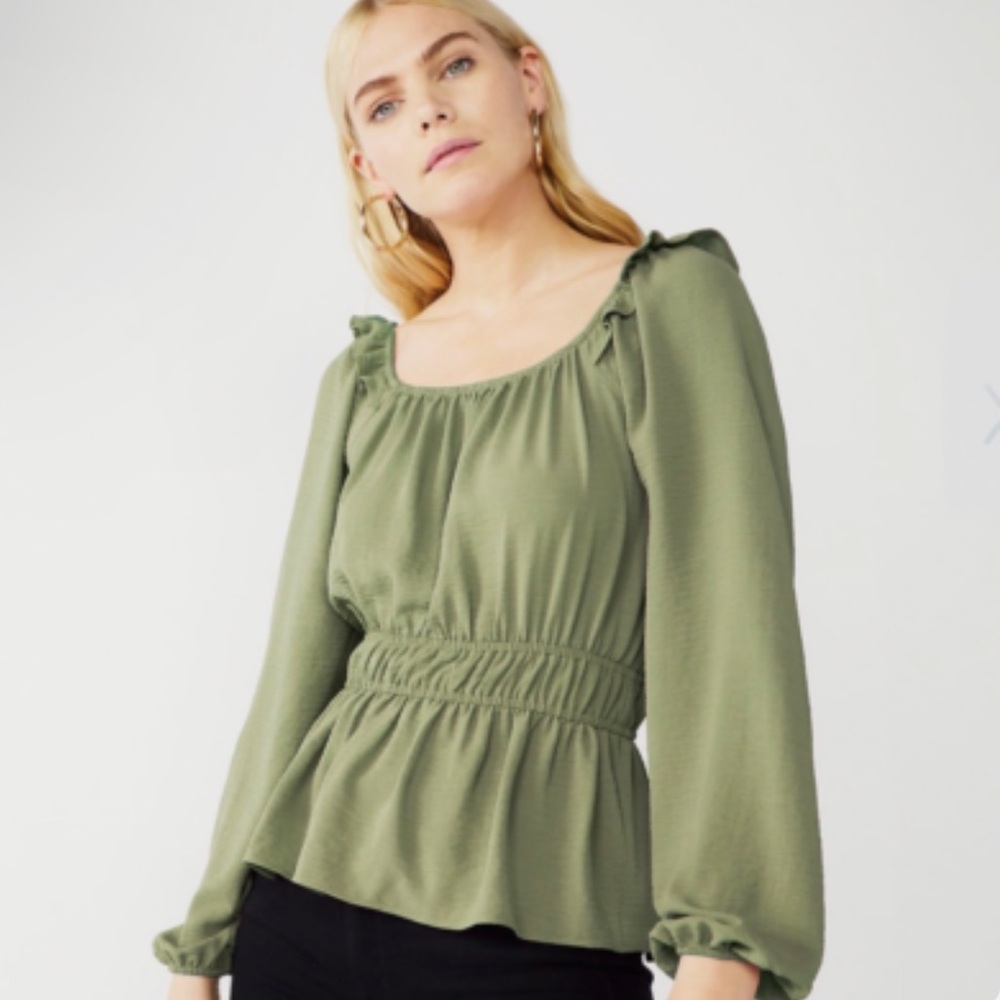 Nine West Olive Green Chiffon Squareneck Peplum Beautiful Blouse Top Size Small